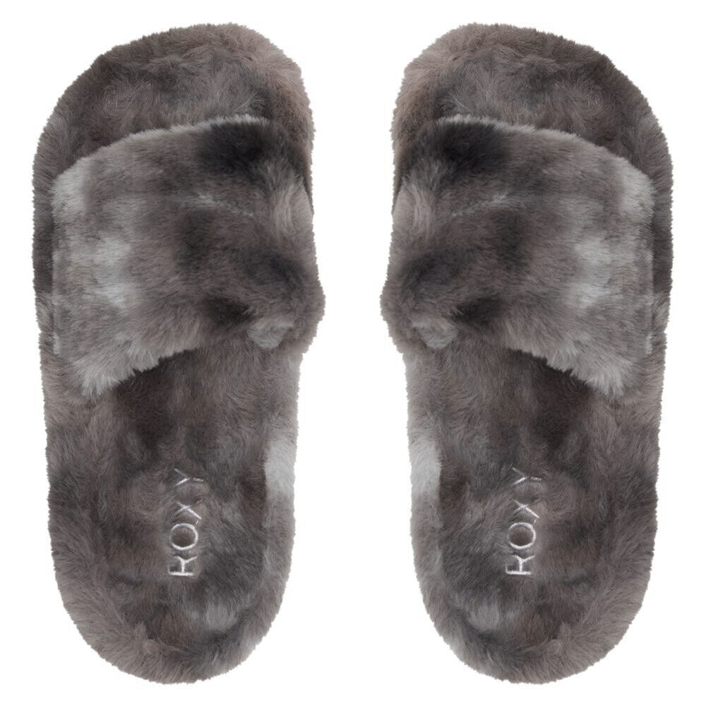 Roxy Ladies Slippy Cozy Grey Faux Fur Slip On Slide Sandals