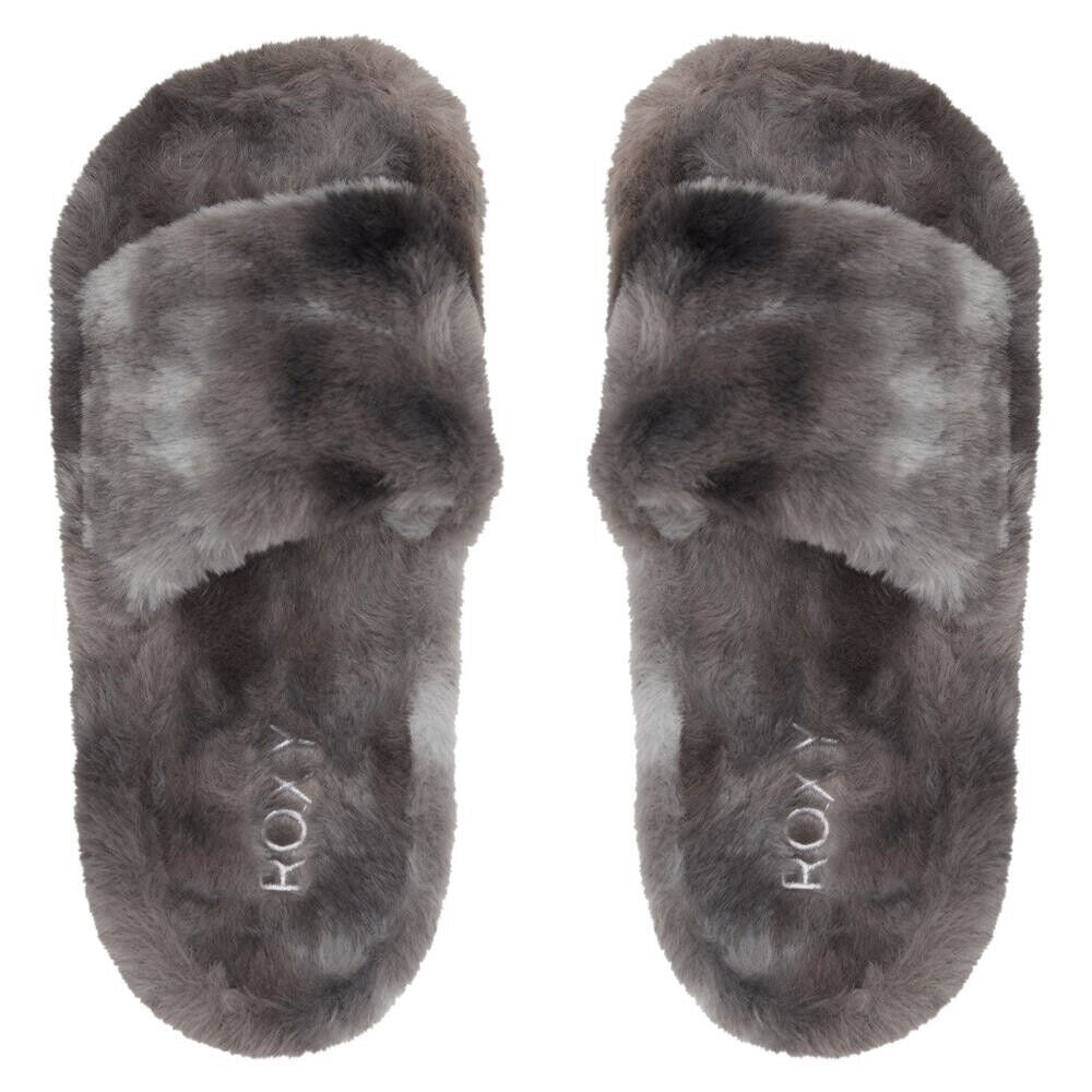 Roxy Ladies Slippy Cozy Grey Faux Fur Slip On Slide Sandals