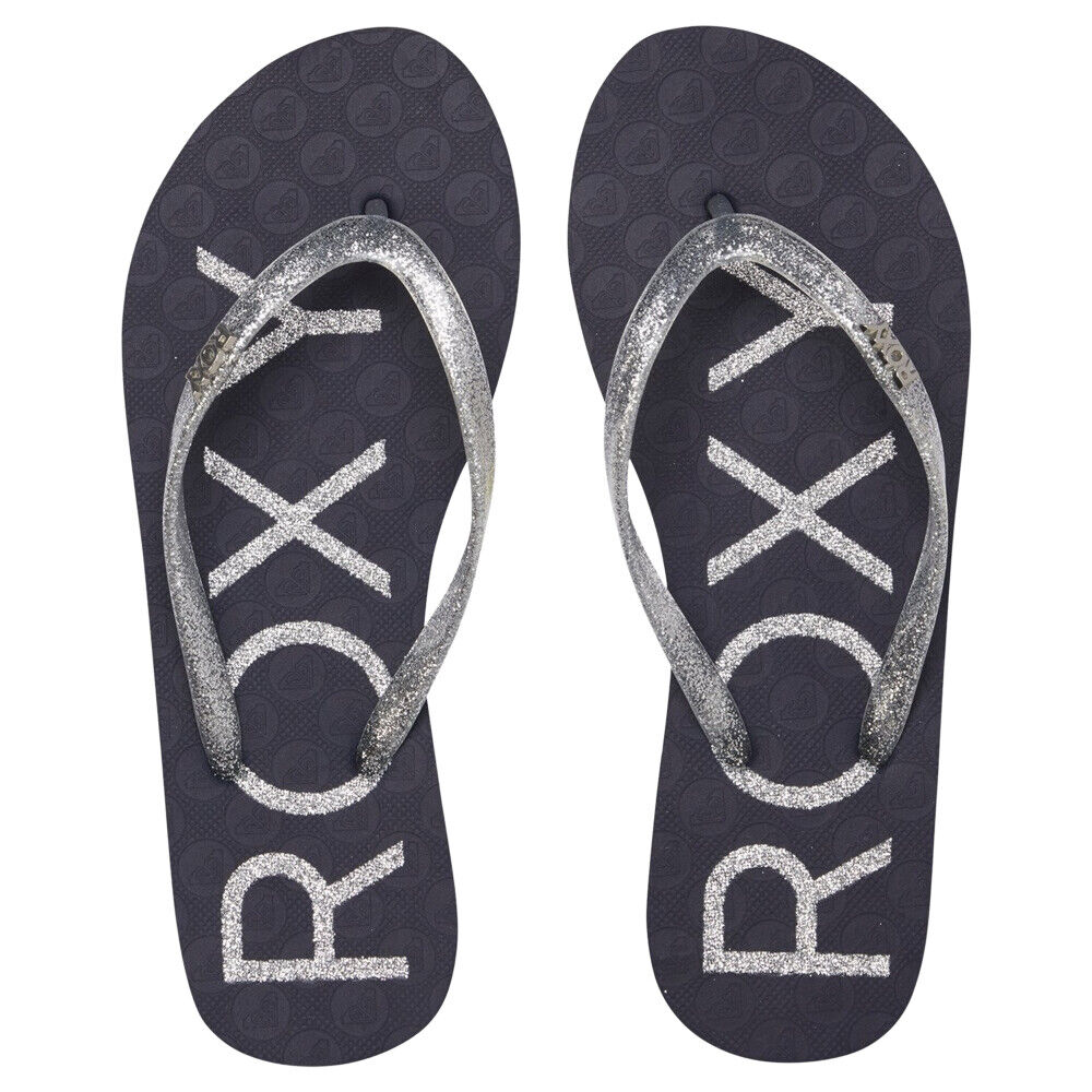 Roxy Ladies Viva Sparkle Navy Silver Glitter Flip Flops Beach Toe Post Sandals