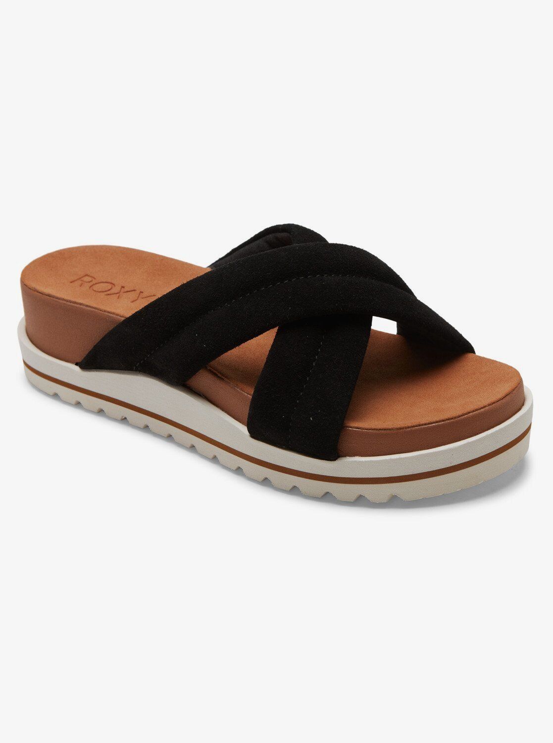 Roxy Veria Black Platform Soft Suede Leather Lightweight Slip On Sandals