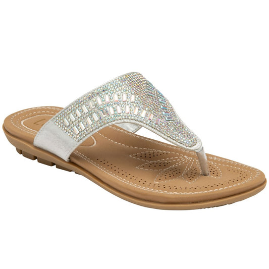 Lotus Ladies Rafaella Silver Diamante Flat Toe Post Sandals
