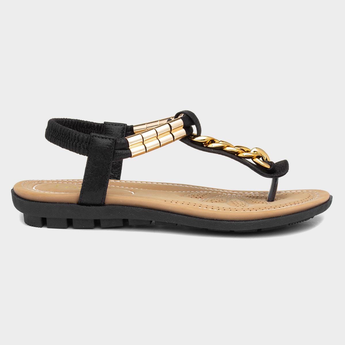Lotus Ladies Cybil Black Gold Chain Flat Toe Post Sandals