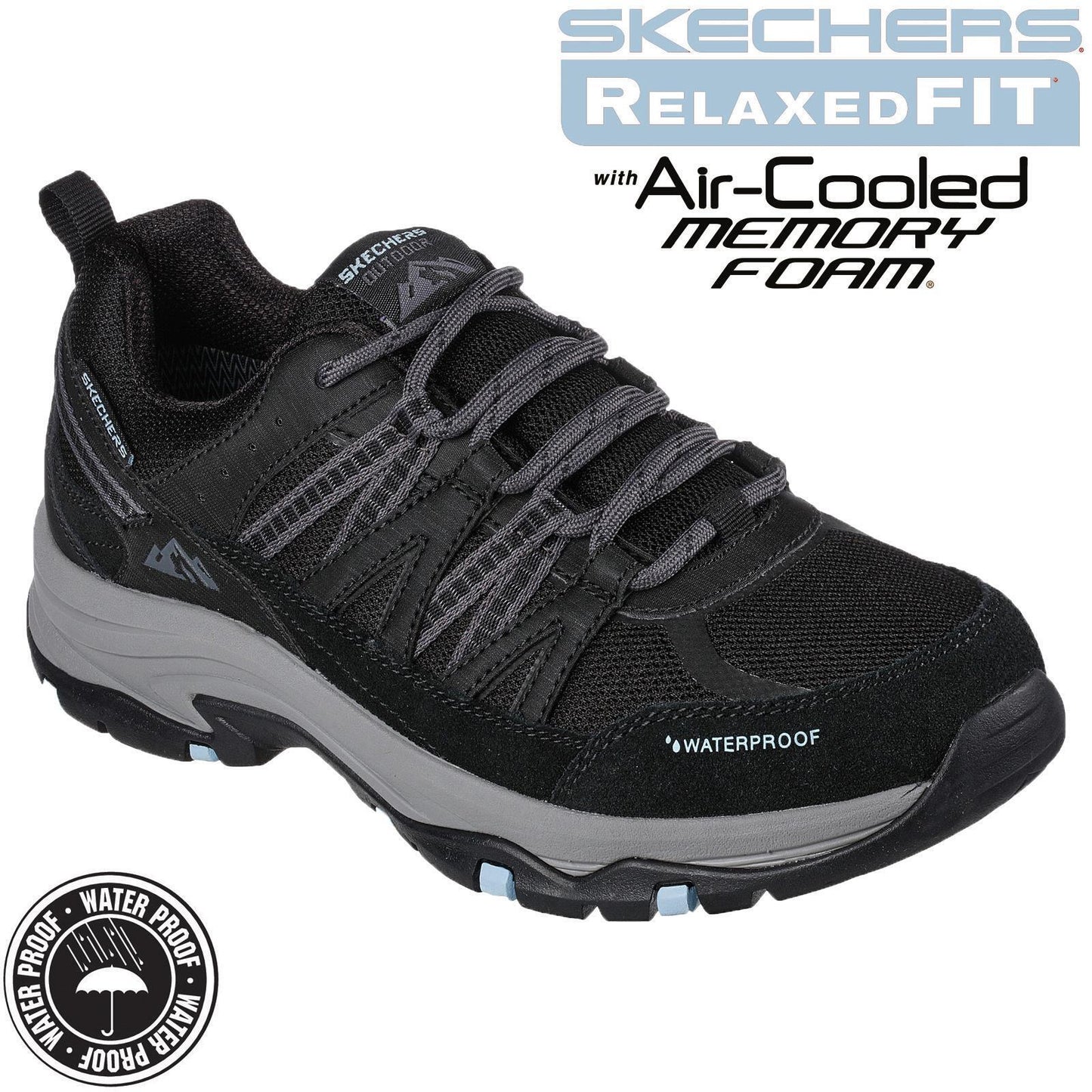 Skechers Ladies Trego Lookout Point Black/Blue Waterproof Walking Shoes
