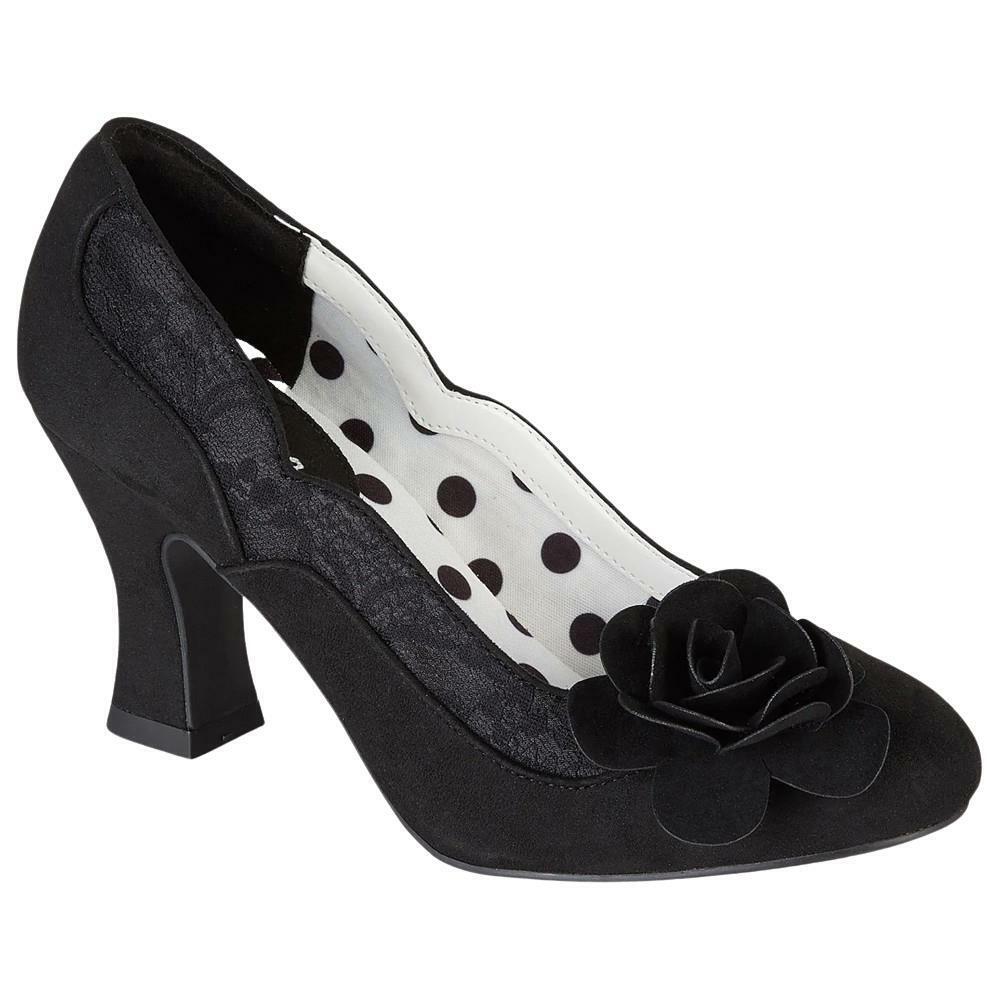 Ruby Shoo Chrissie Black Flower Vintage Style Heeled Court Vegan Shoes