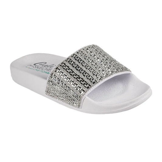 Skechers Womens Pop Ups New Spark White Rhinestone Slip On Slider Sandals