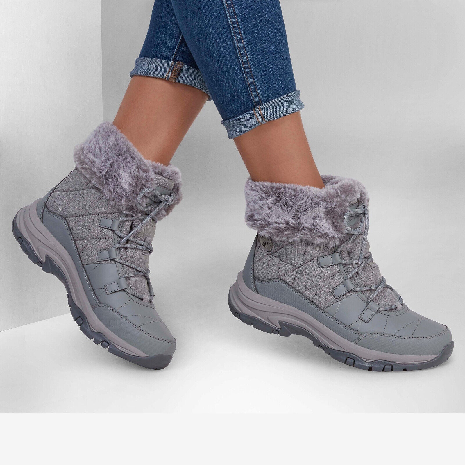 Skechers Womens Trego Winter Feelings Grey Waterproof Fur Collar