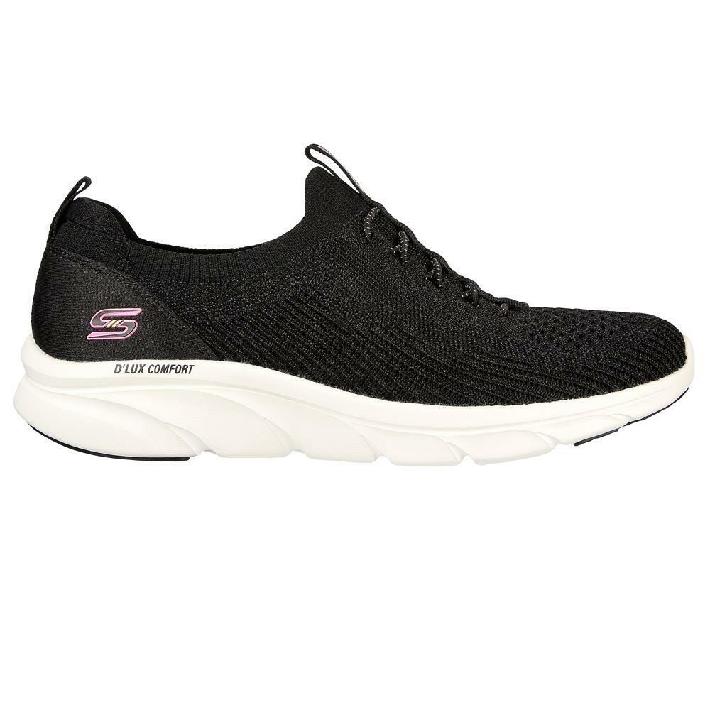 Skechers Ladies D Lux Comfort Bonus Prize Black White Trainer Shoes 104335 BKW