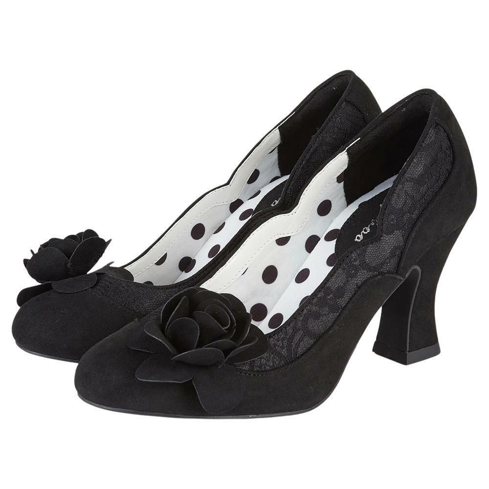 Ruby Shoo Chrissie Black Flower Vintage Style Heeled Court Vegan Shoes ...