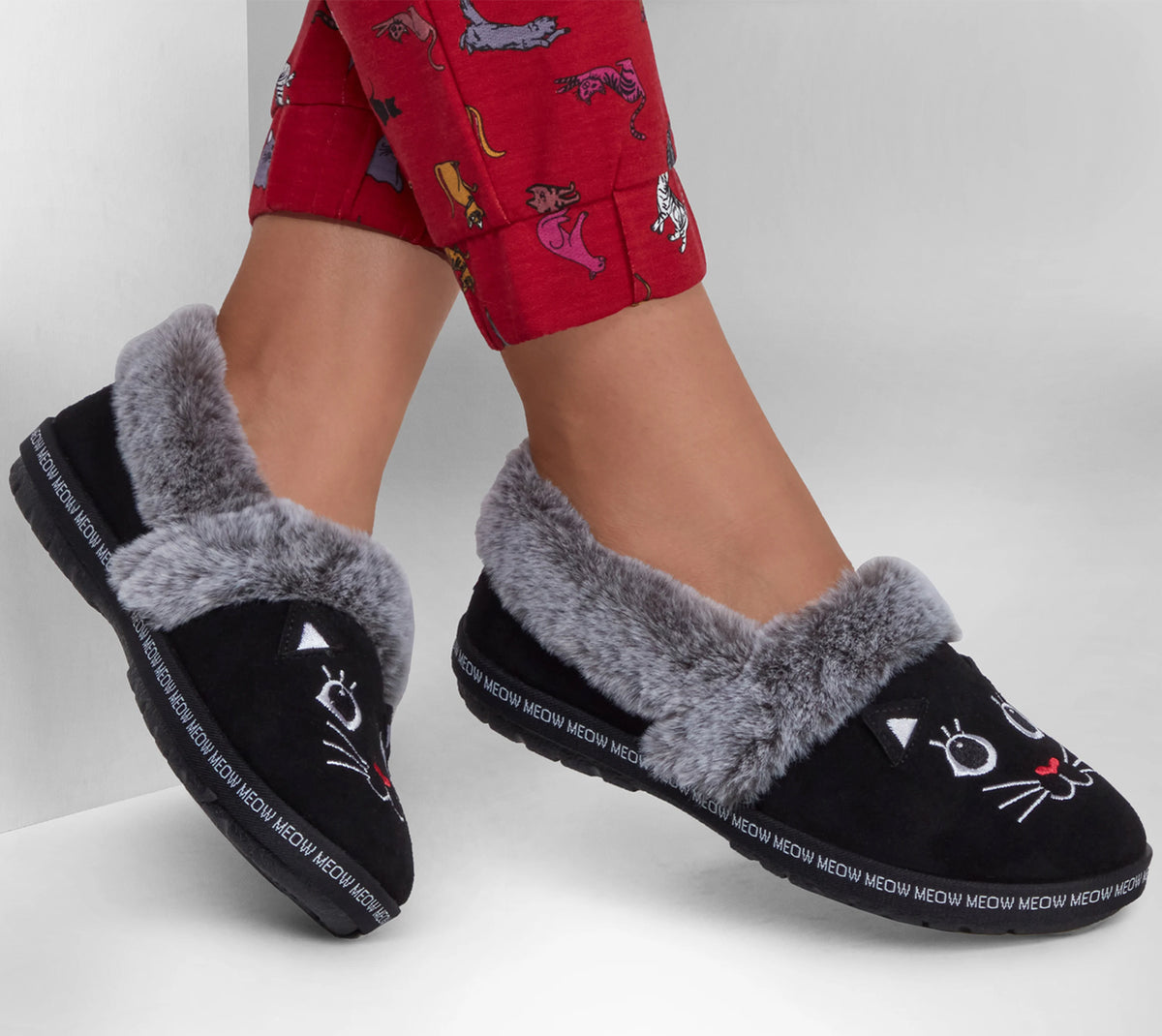 Ladies Skechers Too Cozy Meow Pajamas Black Faux Fur Slippers 33355/BLK