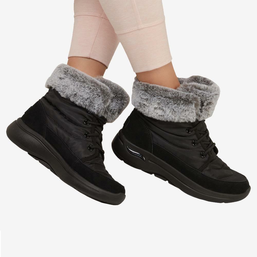 Skechers Ladies Arch Fit Winter Vibes Black Grey Faux Fur Boots 144409/BKGY