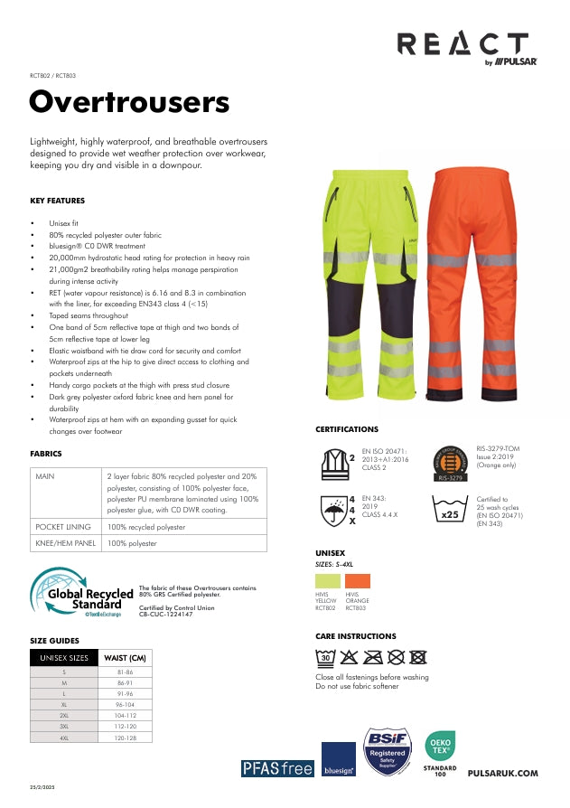 PULSAR® React Unisex Hi-Vis Waterproof Lightweight Overtrousers