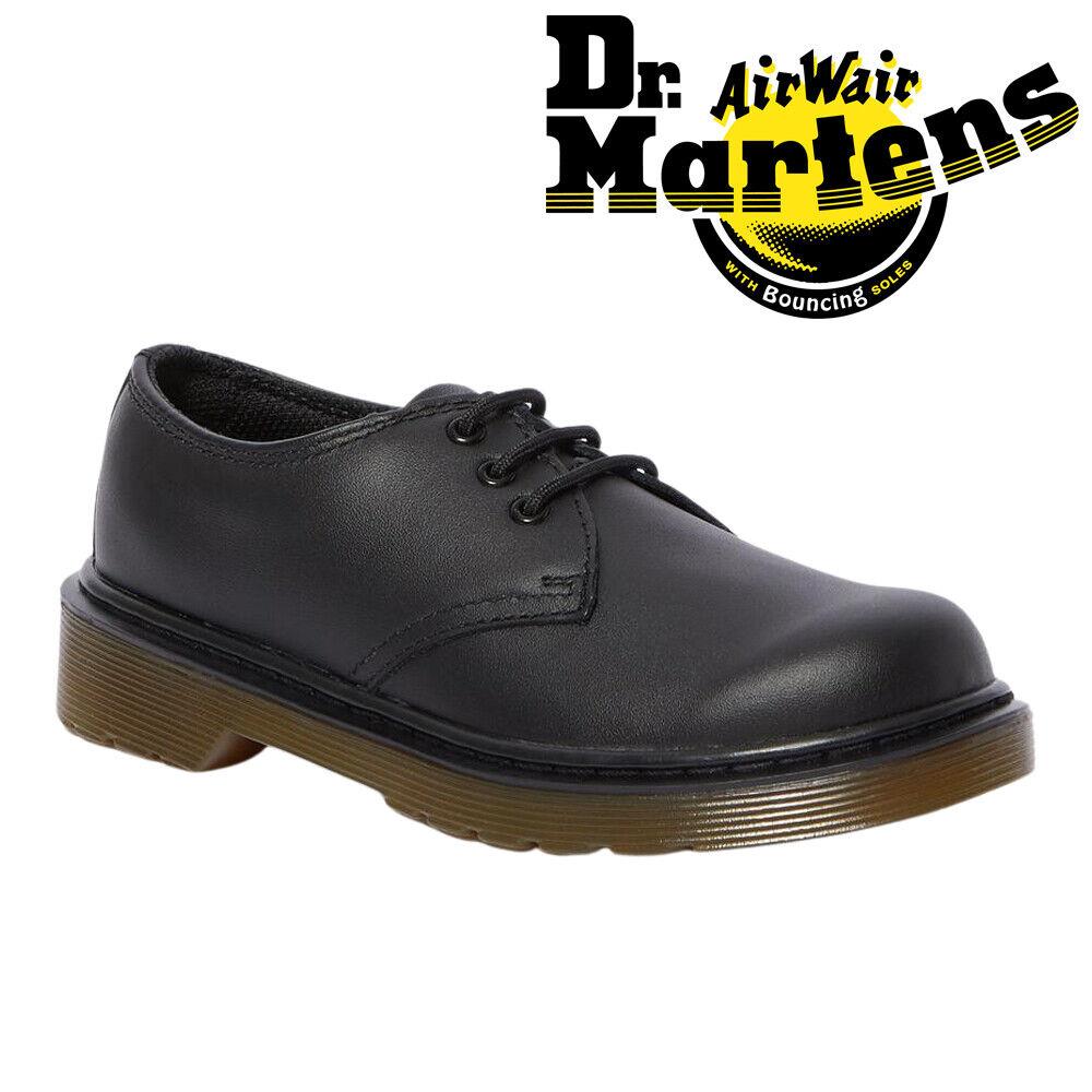 Boys Kids Dr Martens Everley Black Lace Up Soft Leather School Casual Shoes