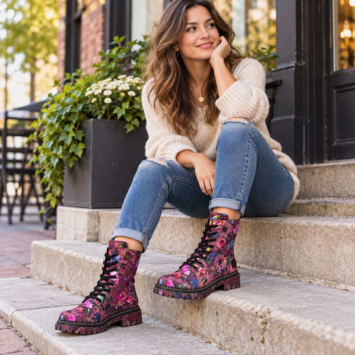 Rieker Women's Floral Ankle Boots Bordeaux Fleece Lined  72627-92