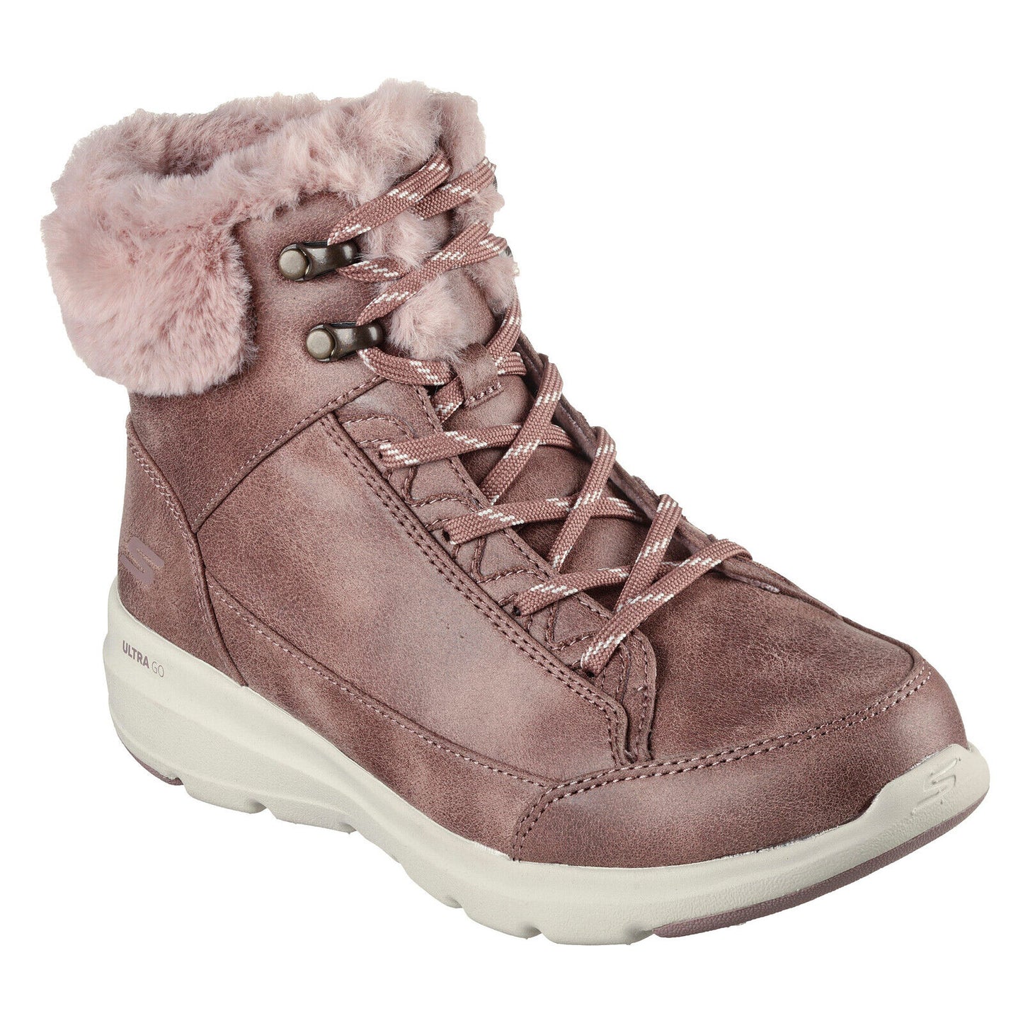 Skechers Ladies Glacial Ultra Cozily Mauve Lightweight Fur Trim Ankle Boots