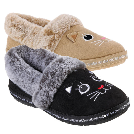 Ladies Skechers Too Cozy Meow Pajamas Black Faux Fur Slippers 33355/BLK