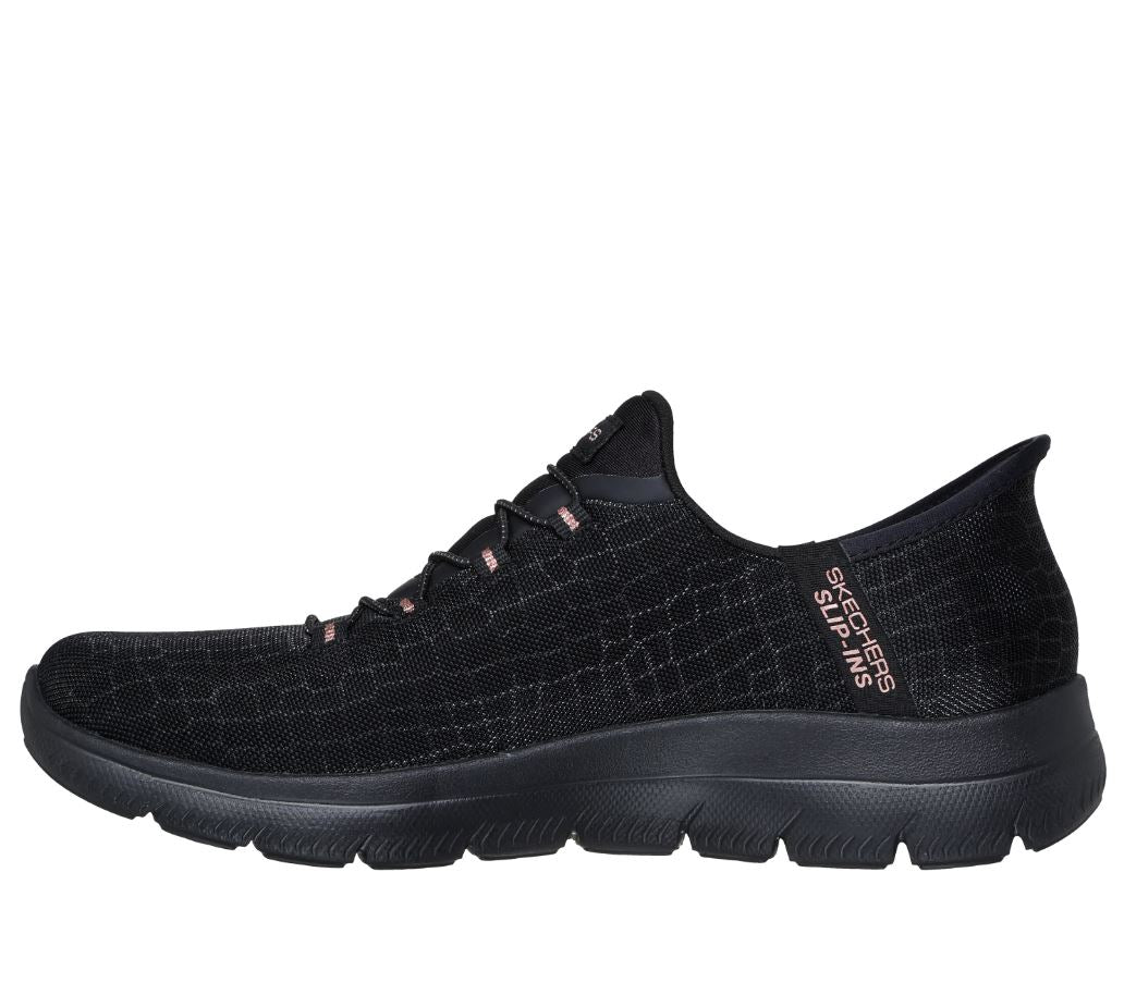 Skechers Womens Summits Classy Night Black Gold Slip Ins Vegan Shoes