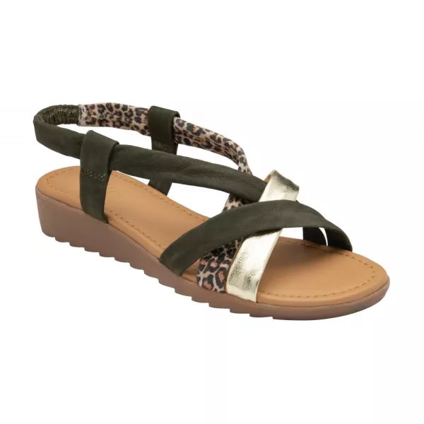 Lotus Christa Khaki/Leopard Suede Leather Slingback Low Wedge Sandals