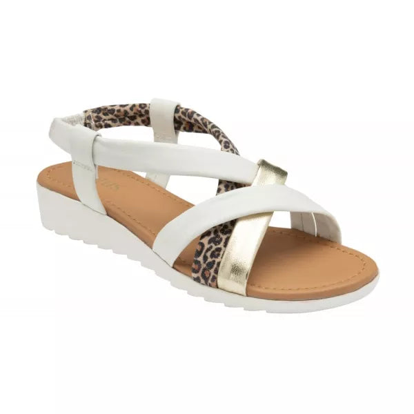 Lotus Christa White/Leopard Leather Slingback Low Wedge Sandals