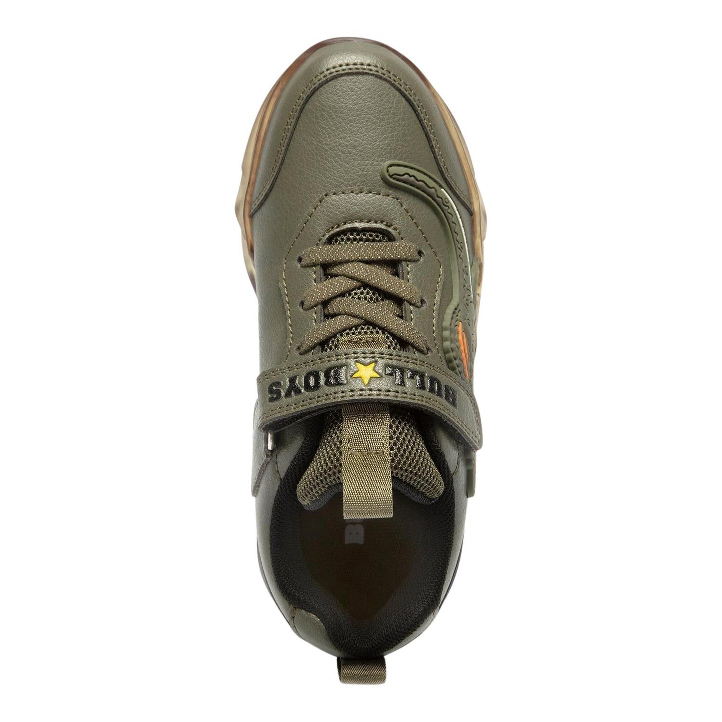 Bull Boys DNAL3396 (AS42) Spinosauro Khaki Green Elastic Lace Light Up Trainers