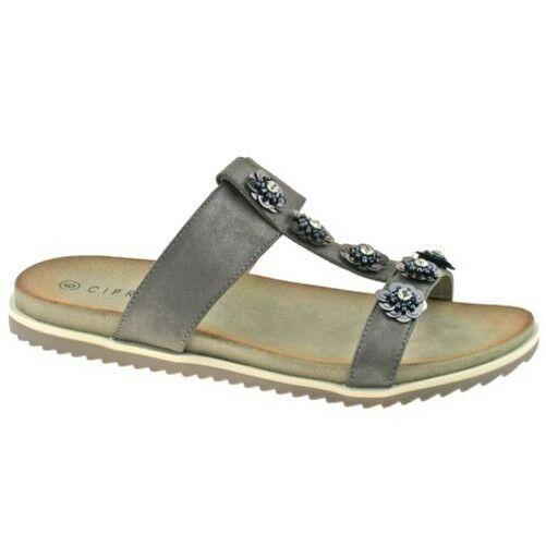 Ladies Cipriata Light Gold Pewter Shimmer Diamante Flower Mule Sandals L522