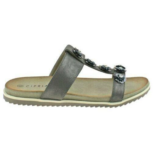 Ladies Cipriata Light Gold Pewter Shimmer Diamante Flower Mule Sandals L522