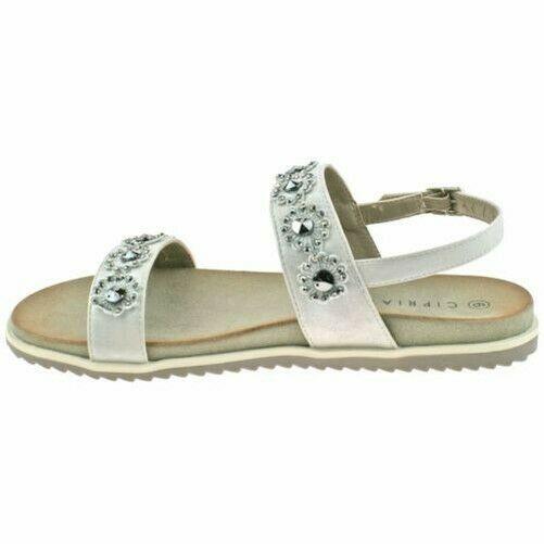 Ladies Cipriata Light Silver Or Stone Flower Shimmer Buckle Sandals L565