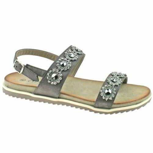 Ladies Cipriata Light Silver Or Stone Flower Shimmer Buckle Sandals L565