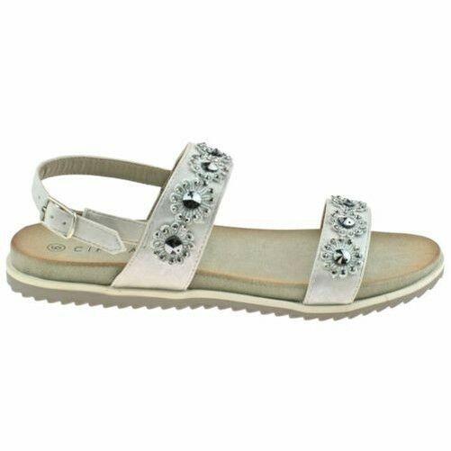 Ladies Cipriata Light Silver Or Stone Flower Shimmer Buckle Sandals L565