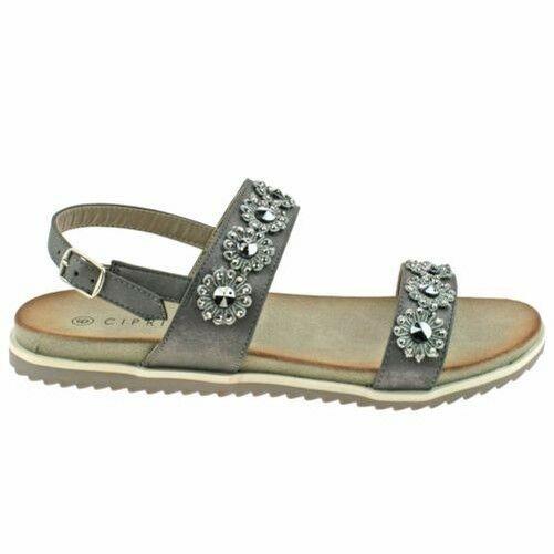 Ladies Cipriata Light Silver Or Stone Flower Shimmer Buckle Sandals L565