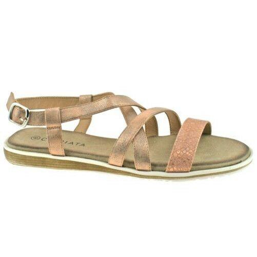 Ladies Cipriata Rose Pink Shimmer Buckle Crossover Low Wedge Sandals L050PK