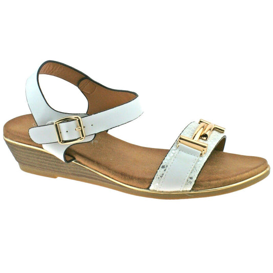 Ladies Cipriata Italiana White & Gold Low Heeled Wedge Sandals L618G