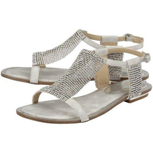 Ladies Lotus Agnetha Silver Diamante Flat Sandals Buckle Fastening Shoes