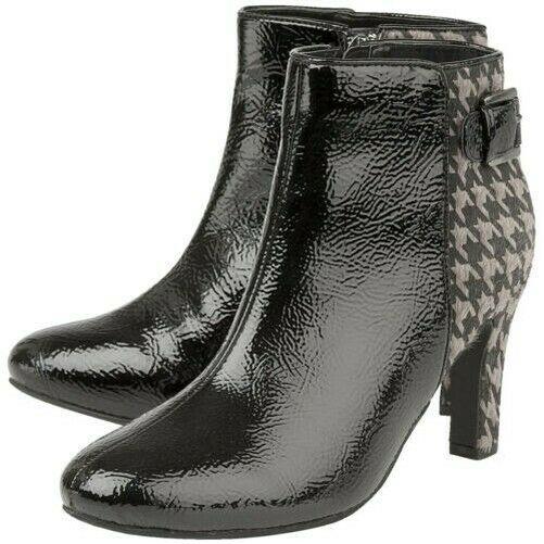 Ladies Lotus Soni Black & Pewter Patent Ankle Zip Up Boots