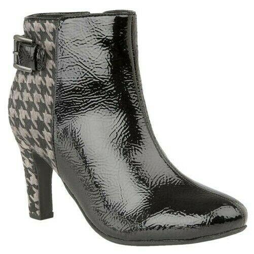 Ladies Lotus Soni Black & Pewter Patent Ankle Zip Up Boots