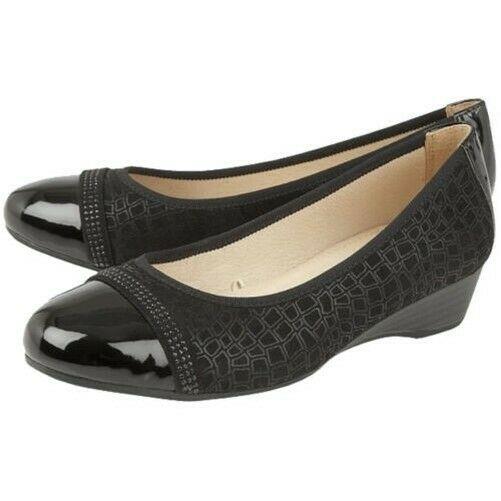 Ladies Lotus Marlene Black Print Low Heeled Wedge Court Shoes 50845