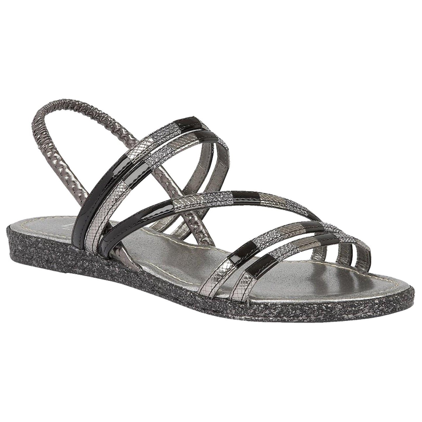 Ladies Lotus Bastia Black Silver Multi Strap Elasticated Low Heel Sandals