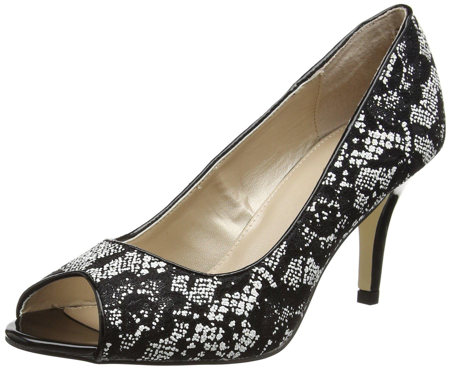 Ladies Lotus Kendell Black And White Textile Peep Toe Court Shoes