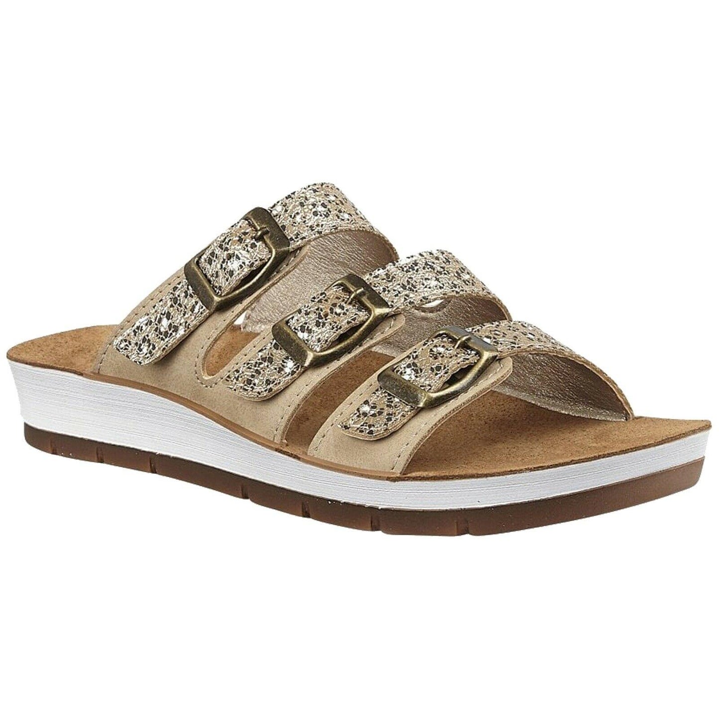 Ladies Lotus Turin Gold Leopard Triple Adjustable Strap Flat Mule Sandals