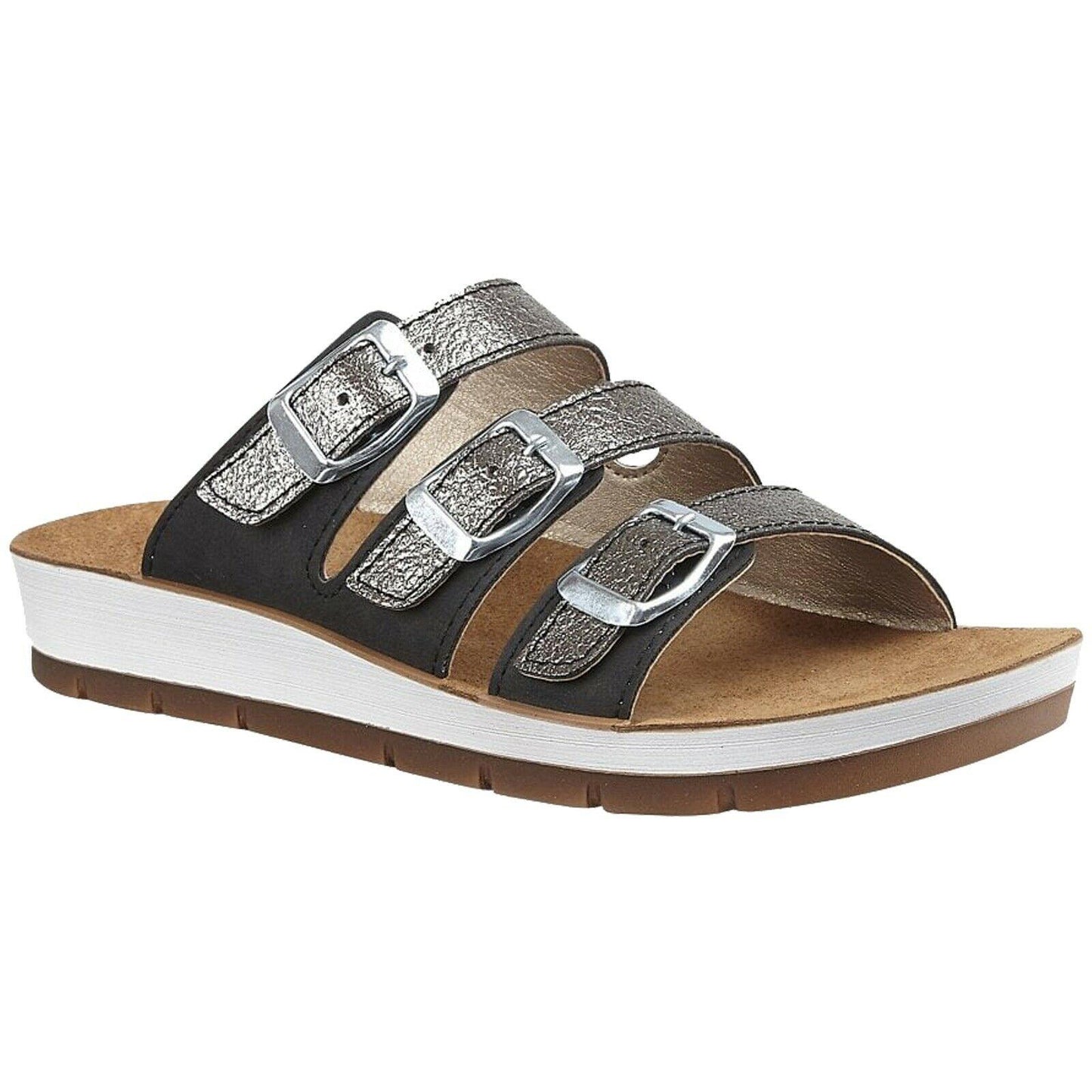 Ladies Lotus Turin Black Pewter Triple Adjustable Strap Flat Mule Sandals