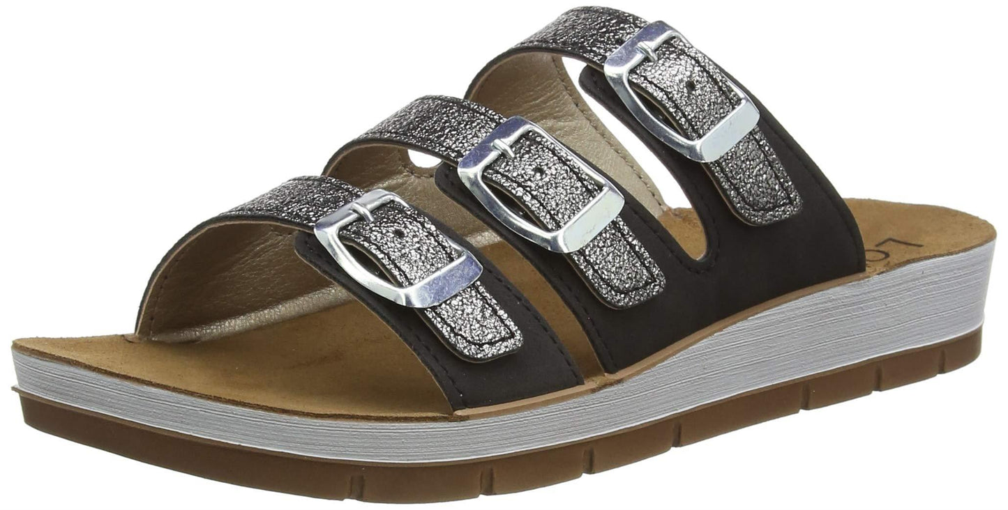 Ladies Lotus Turin Black Pewter Triple Adjustable Strap Flat Mule Sandals