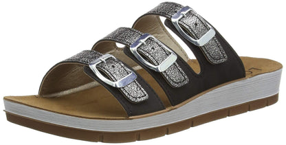 Ladies Lotus Turin Black Pewter Triple Adjustable Strap Flat Mule Sandals