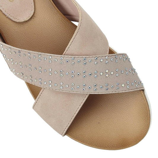 Ladies Lotus Sharon Pink Elasticated Crossover Strap Flat Slip On Mule Sandals