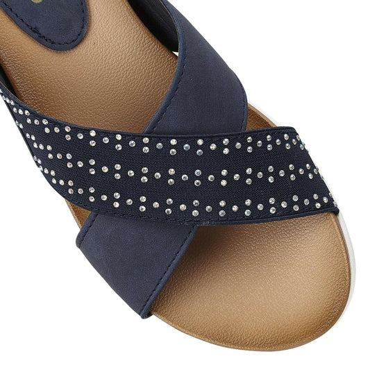 Ladies Lotus Sharon Navy Elasticated Crossover Strap Flat Slip On Mule Sandals