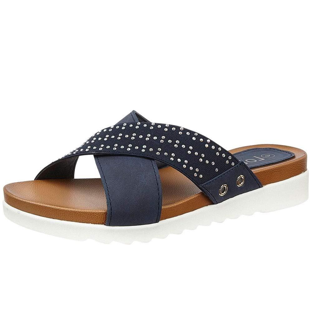 Ladies Lotus Sharon Navy Elasticated Crossover Strap Flat Slip On Mule Sandals