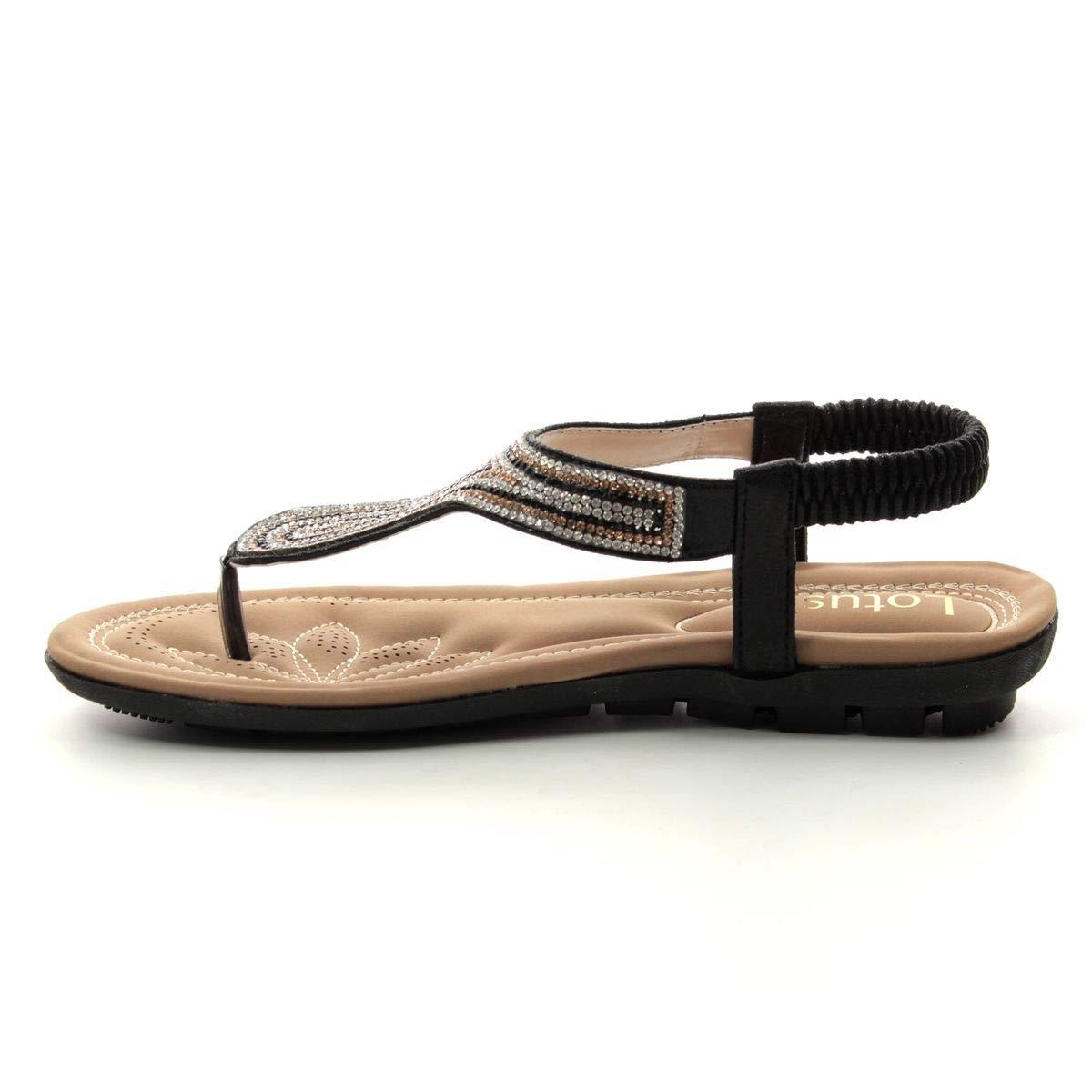 Ladies Lotus Delia Black Diamante Toe Post Elasticated Sandals ULP011