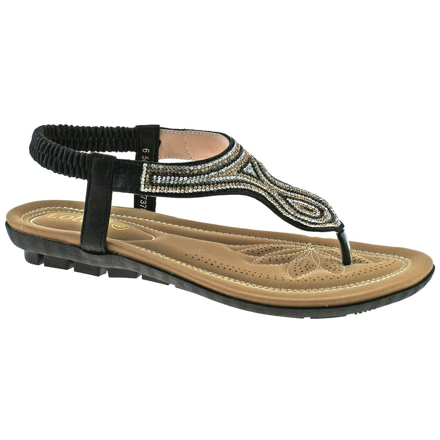 Ladies Lotus Delia Black Diamante Toe Post Elasticated Sandals ULP011