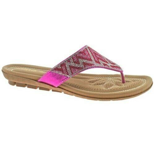 LADIES LOTUS PATTI FUCHSIA DIAMANTE SHIMMER THONG TOE POST FLAT SANDALS ULP009