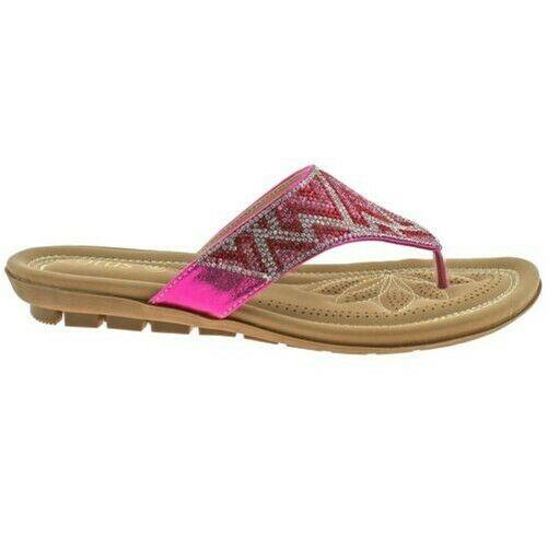 LADIES LOTUS PATTI FUCHSIA DIAMANTE SHIMMER THONG TOE POST FLAT SANDALS ULP009