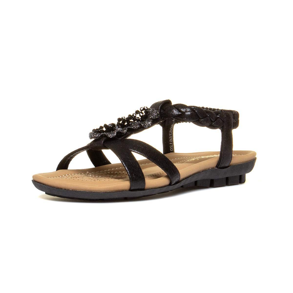 LADIES LOTUS MARGARITA BLACK OPEN TOE SLING BACK FLAT SANDALS ULP013-UK 8 (EU 42)