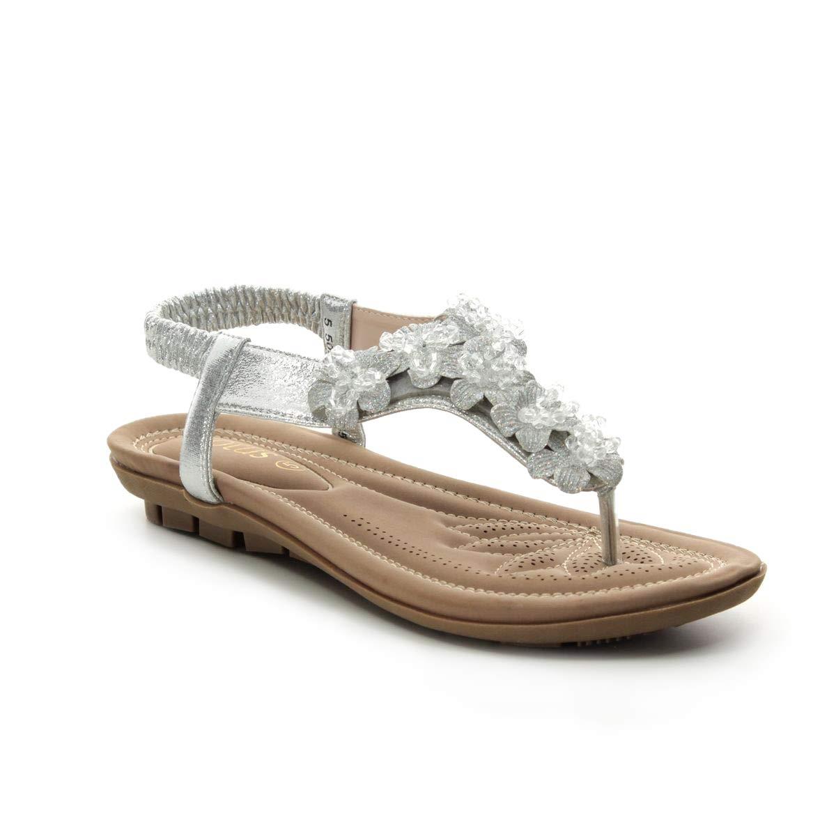 Ladies Lotus Chiquita Silver Metallic Toe Post Sling Back Flat Sandals ULP012